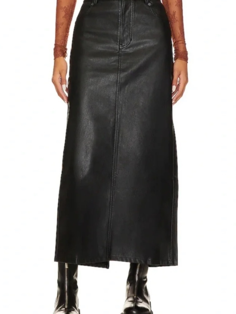 Free People City Slicker Vegan Leather Maxi Skirt Black High Rise A-Line Slit - Picture 10 of 14